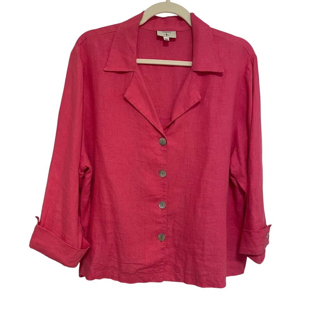Vintage Linen Button Front Shirt 1990s Hibiscus‎ Pink Pure  XL